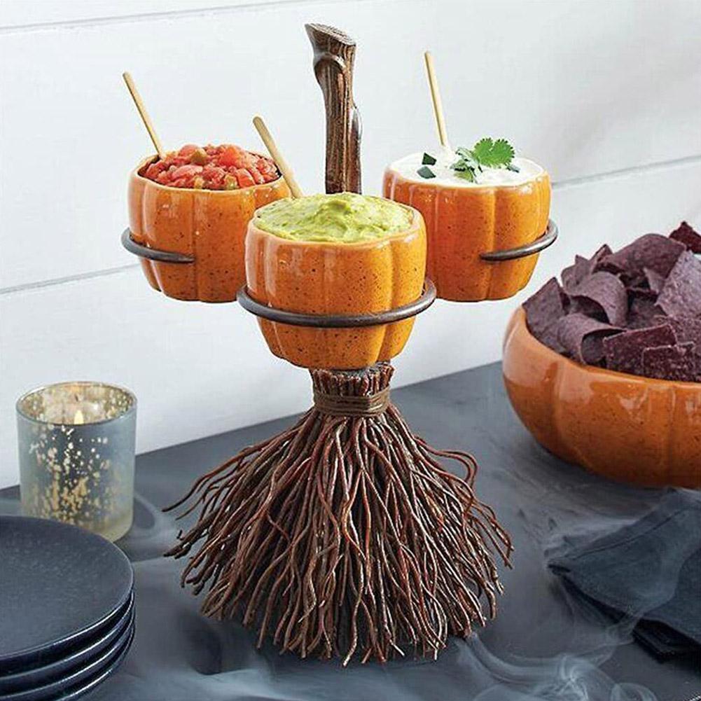 Halloween Broom Pumpkin Snack Bowl Rack